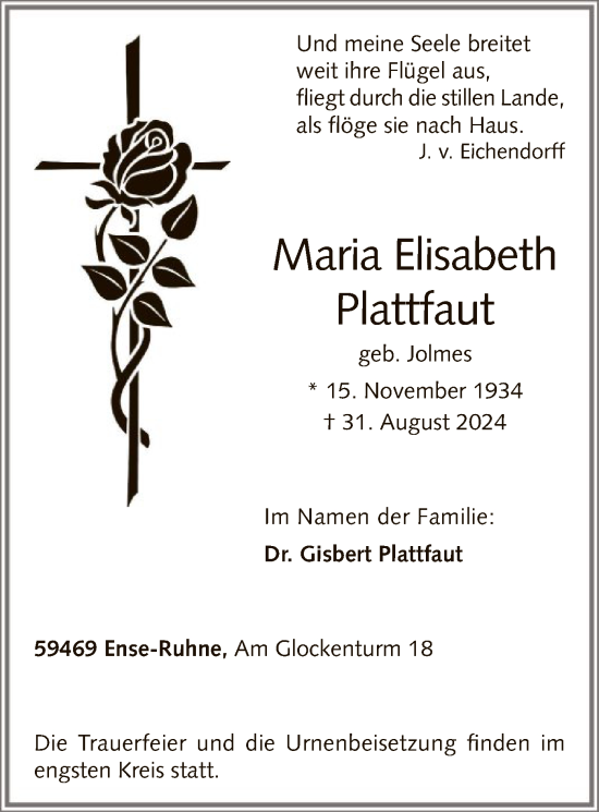 Traueranzeige von Maria Elisabeth Plattfaut von WA