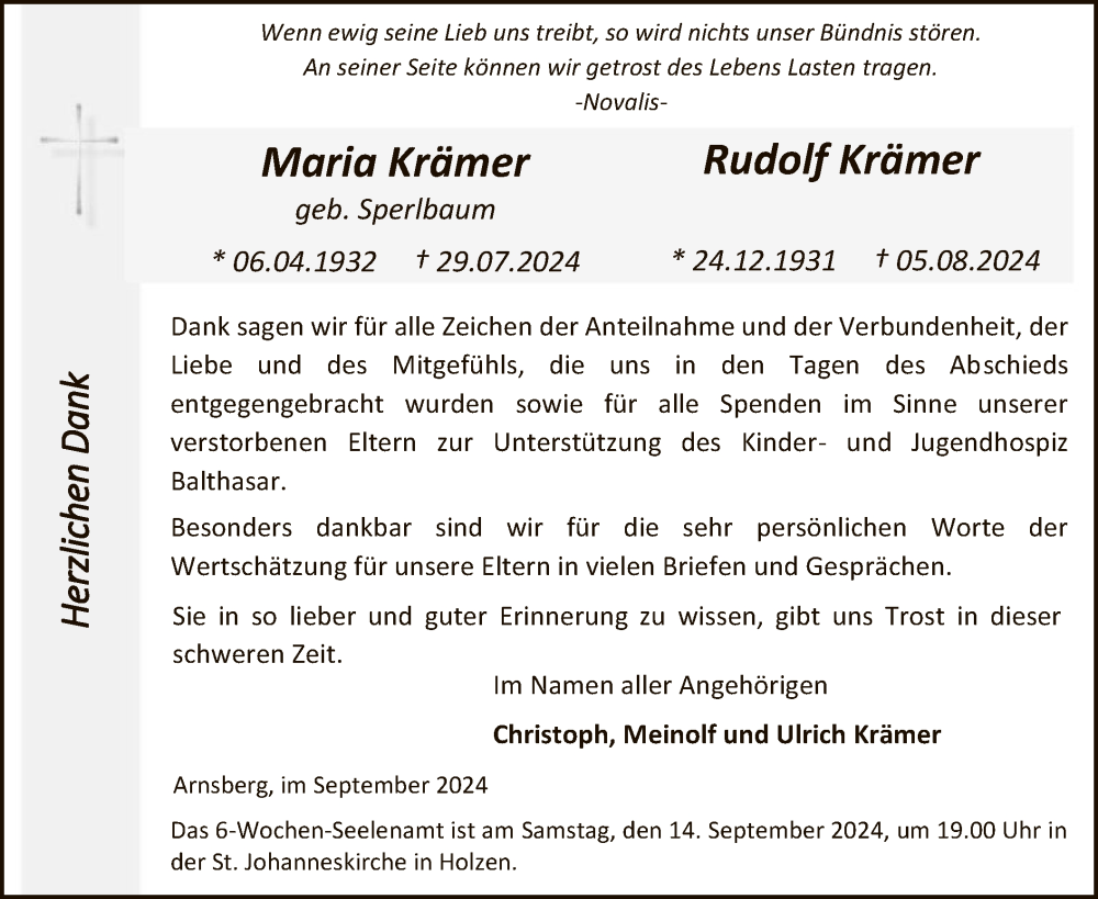  Traueranzeige für Maria und Rudolf Krämer vom 07.09.2024 aus WA