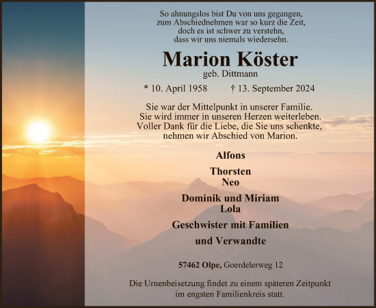 Traueranzeige von Marion Köster von WA