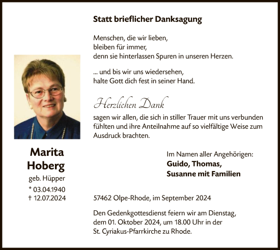 Traueranzeige von Marita Hoberg von WA