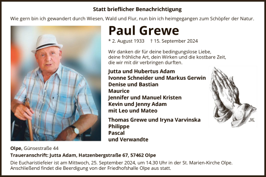 Traueranzeige von Paul Grewe von WA