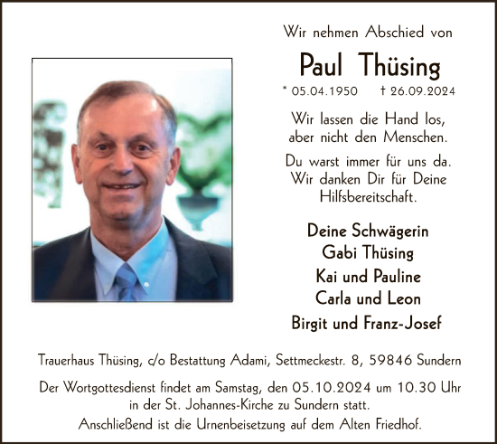 Traueranzeige von Paul Thüsing von WA