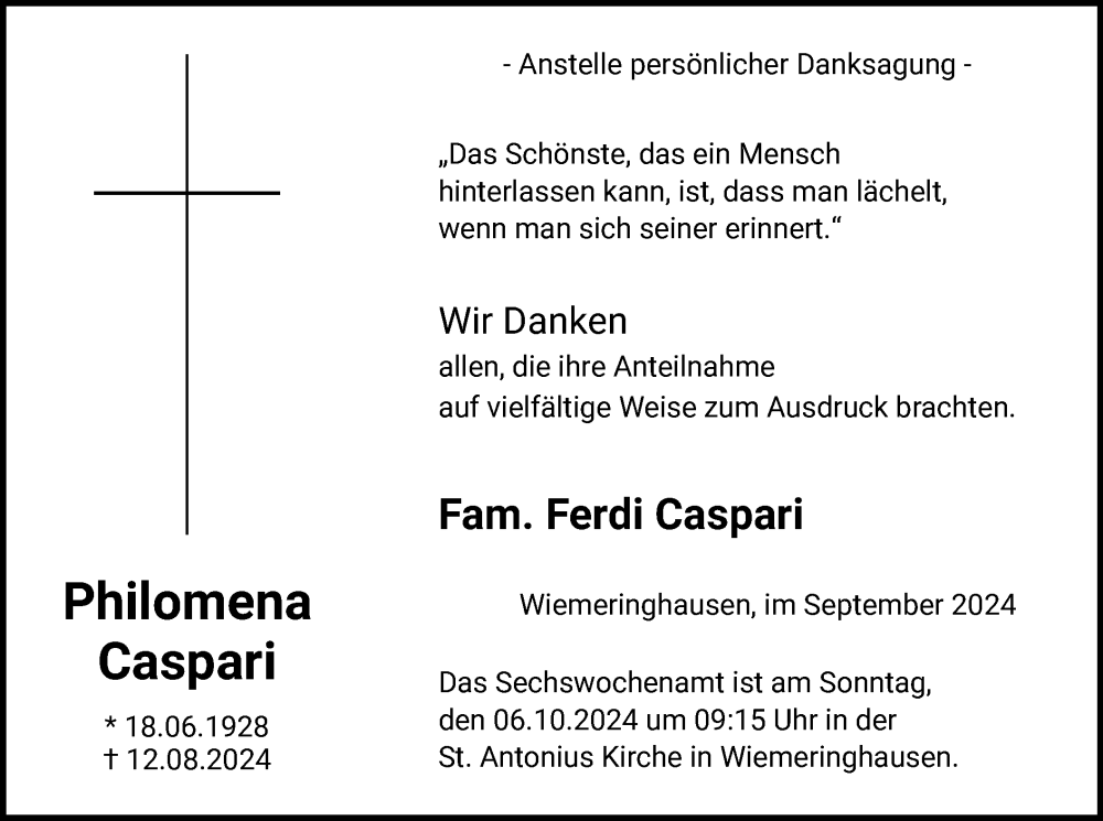  Traueranzeige für Philomena Caspari vom 28.09.2024 aus WA
