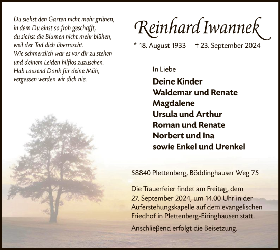 Traueranzeige von Reinhard Iwannek von WA