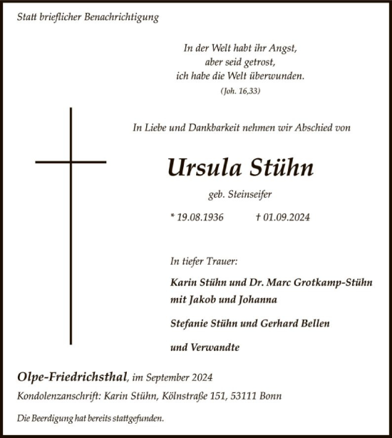 Traueranzeige von Ursula Stühn von WA