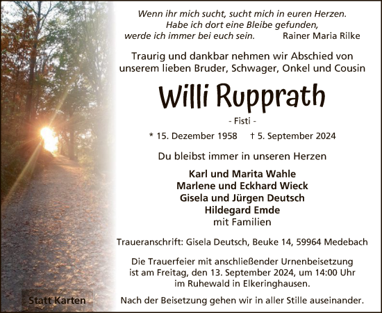 Traueranzeige von Willi Rupprath von WA