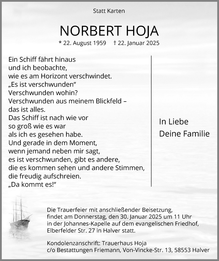  Traueranzeige für Norbert Hoja vom 25.01.2025 aus MZV