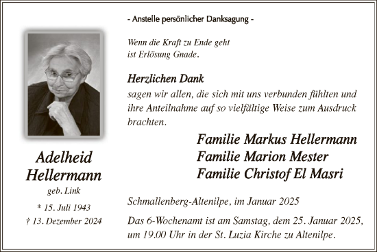 Traueranzeige von Adelheid Hellermann von WA