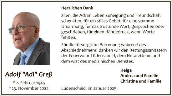 Traueranzeige von Adolf Greß von WA