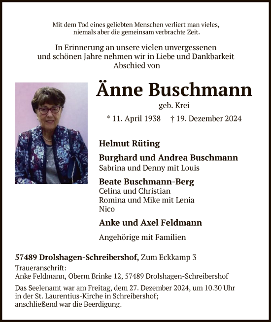 Traueranzeige von Änne Buschmann von WA
