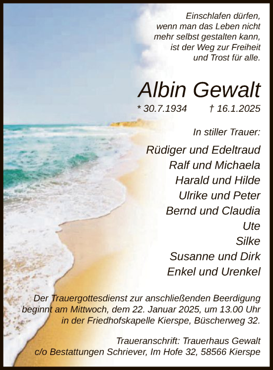 Traueranzeige von Albin Gewalt von WA