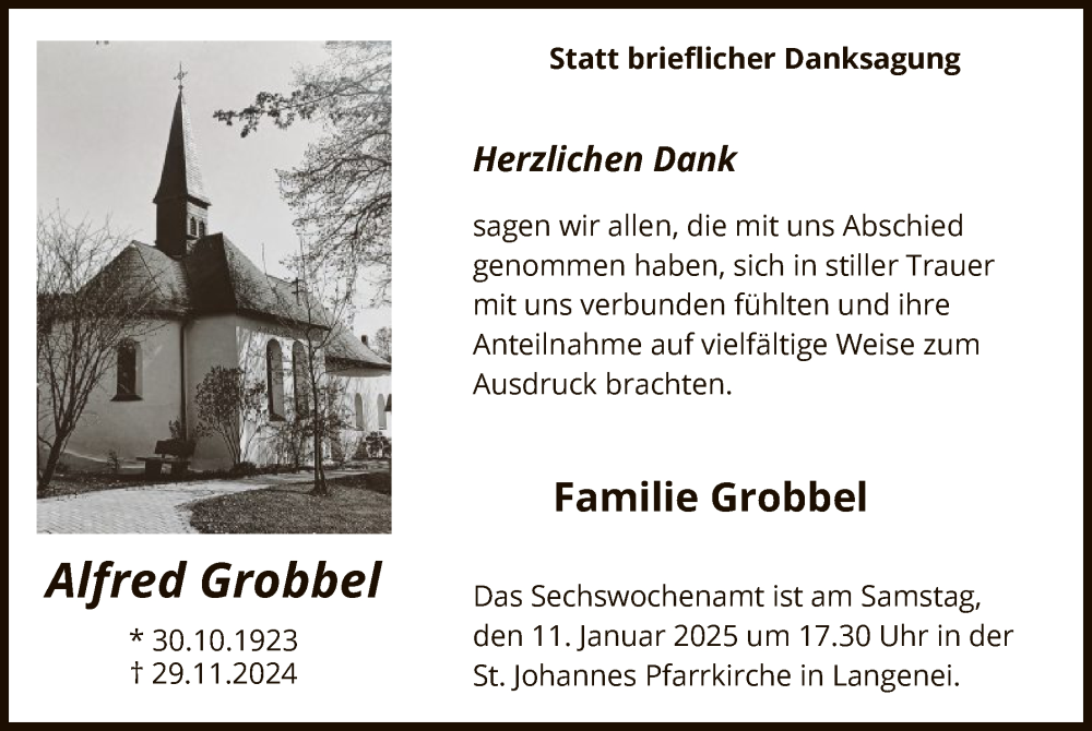  Traueranzeige für Alfred Grobbel vom 11.01.2025 aus WA