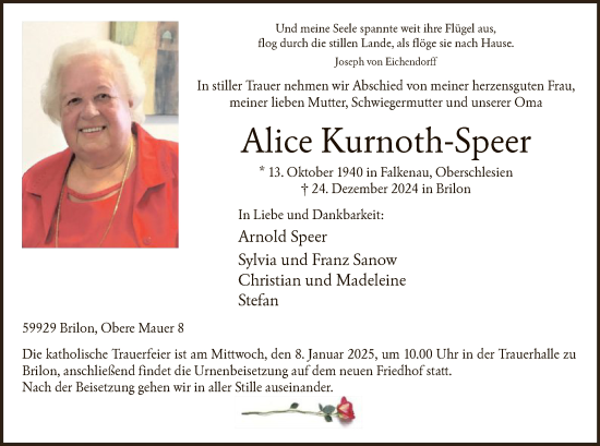 Traueranzeige von Alice Kurnoth-Speer von WA
