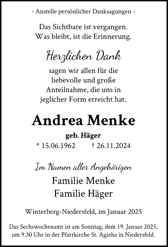 Traueranzeige von Andrea Menke von WA