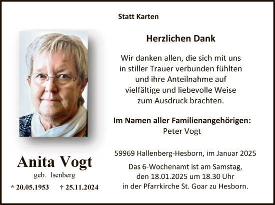 Traueranzeige von Anita Vogt von WA