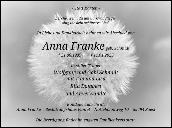 Traueranzeige von Anna Franke von WA