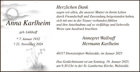 Traueranzeige von Anna Karlheim von WA