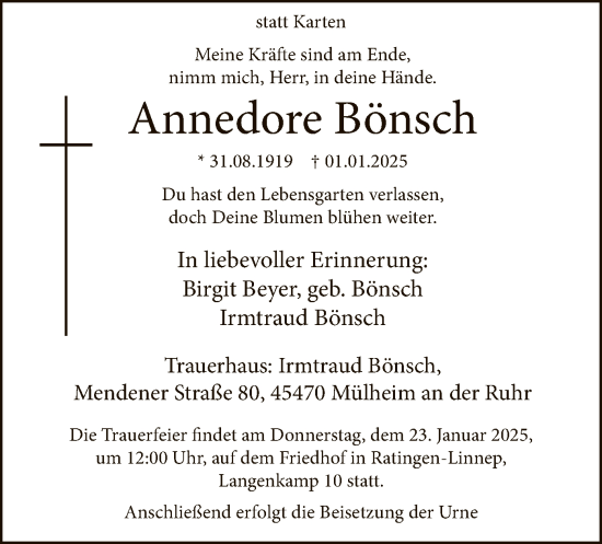Traueranzeige von Annedore Bönsch von WA