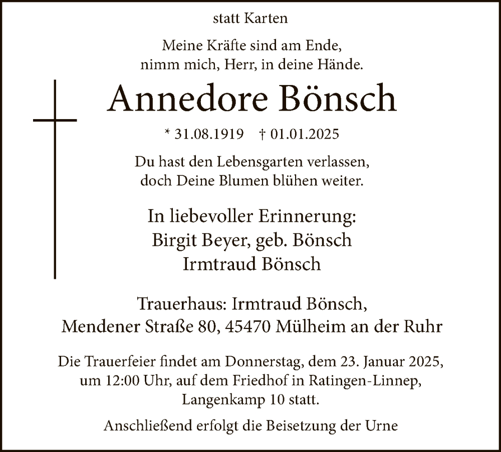  Traueranzeige für Annedore Bönsch vom 18.01.2025 aus WA