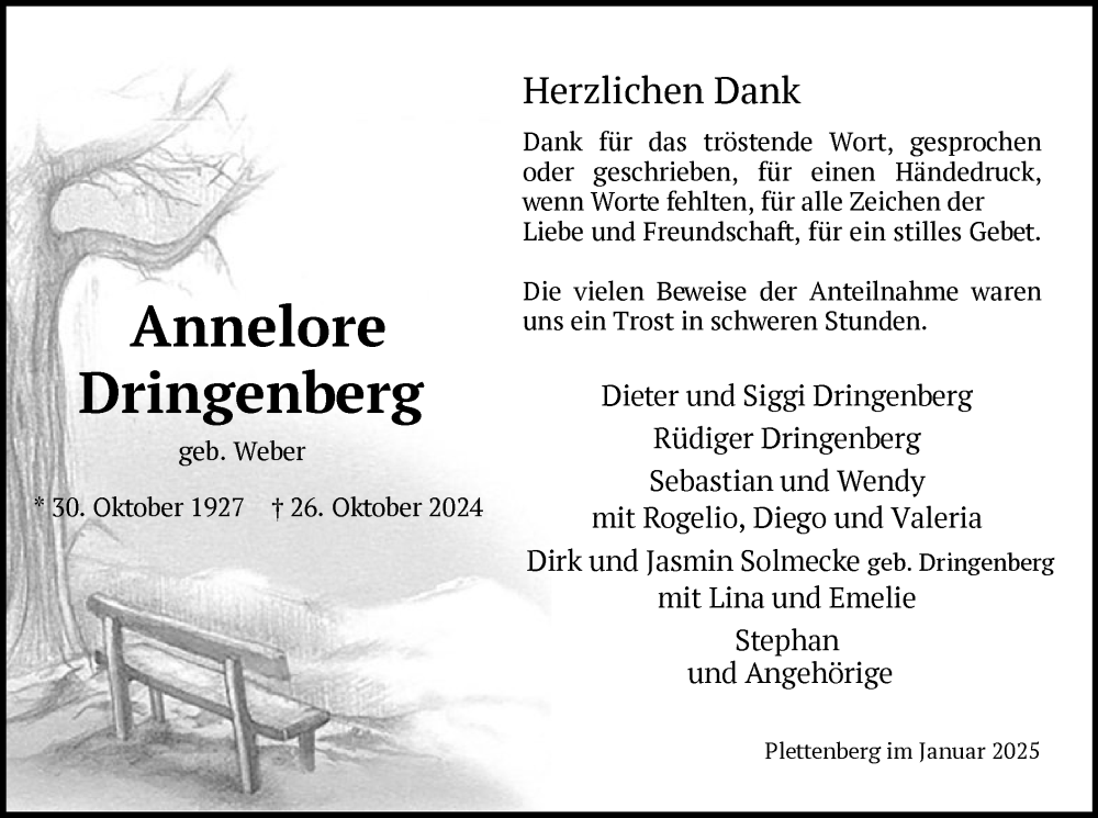  Traueranzeige für Annelore Dringenberg vom 11.01.2025 aus WA