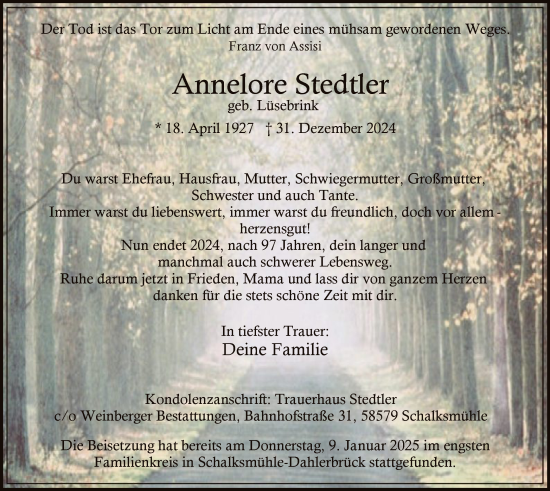 Traueranzeige von Annelore Stedtler von WA