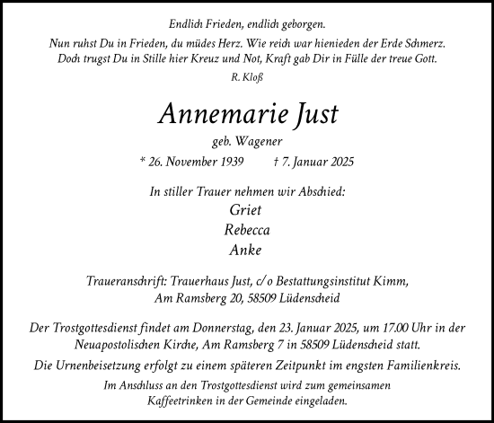 Traueranzeige von Annemarie Just von WA
