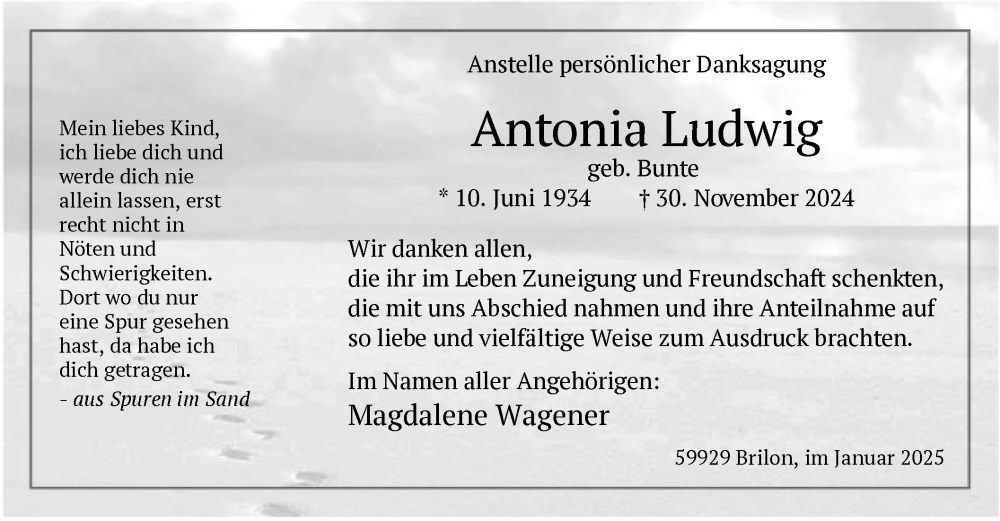  Traueranzeige für Antonia Ludwig vom 18.01.2025 aus WA