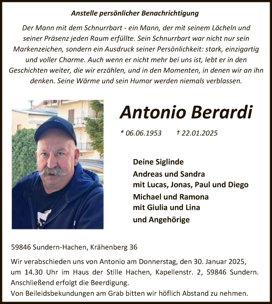  Traueranzeige für Antonio Berardi vom 25.01.2025 aus WA