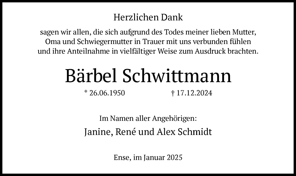  Traueranzeige für Bärbel Schwittmann vom 18.01.2025 aus WA