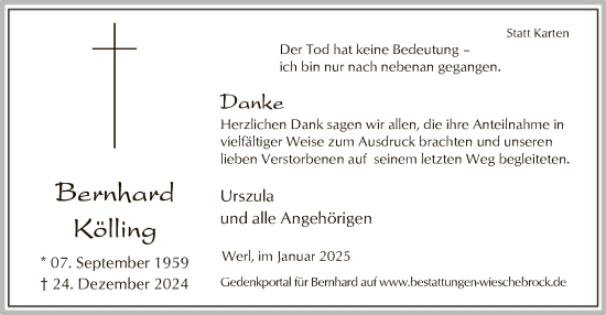 Traueranzeige von Bernhard Kölling von WA