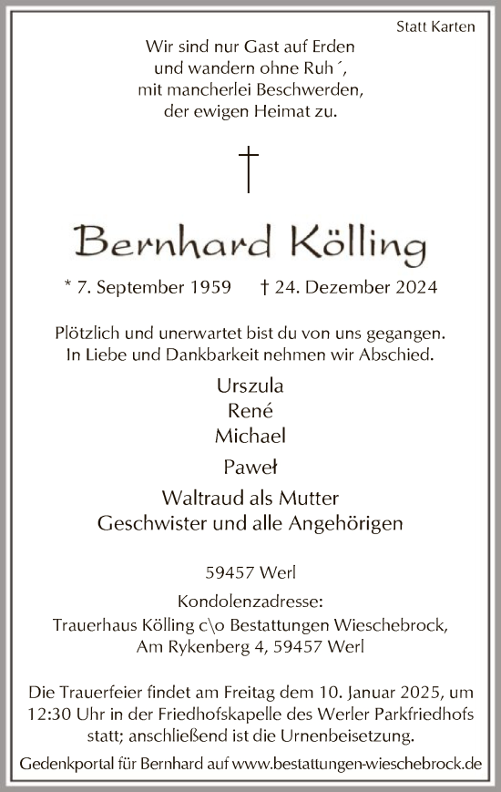 Traueranzeige von Bernhard Kölling von WA