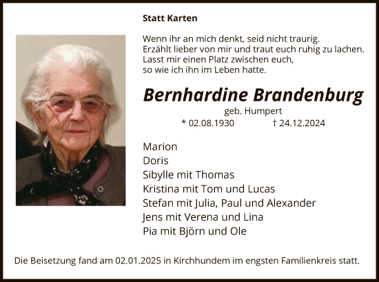 Traueranzeige von Bernhardine Brandenburg von WA