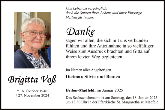 Traueranzeige von Brigitta Voß von WA