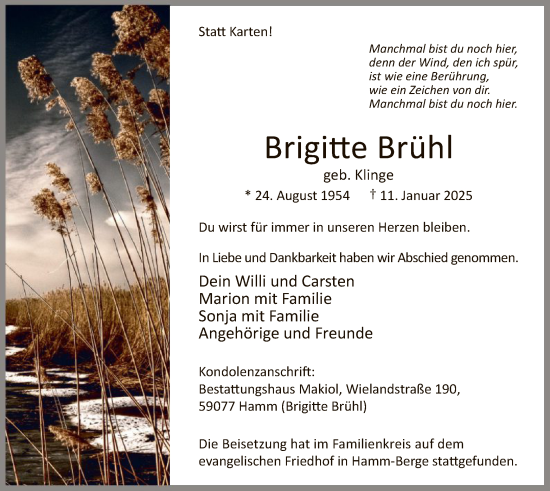 Traueranzeige von Brigitte Brühl von WA