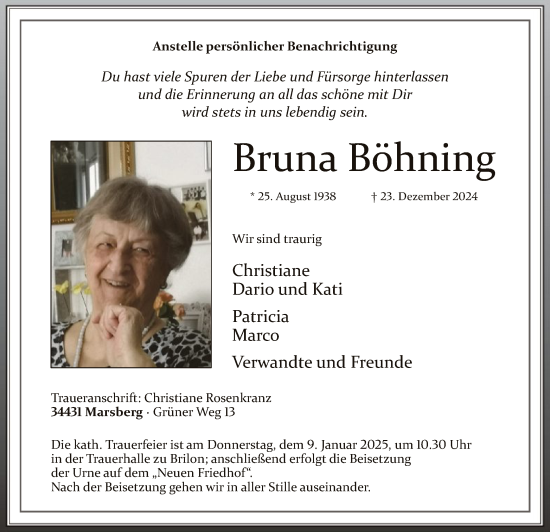 Traueranzeige von Bruna Böhning von WA