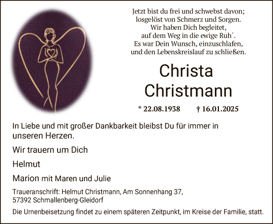 Traueranzeige von Christa Christmann von WA