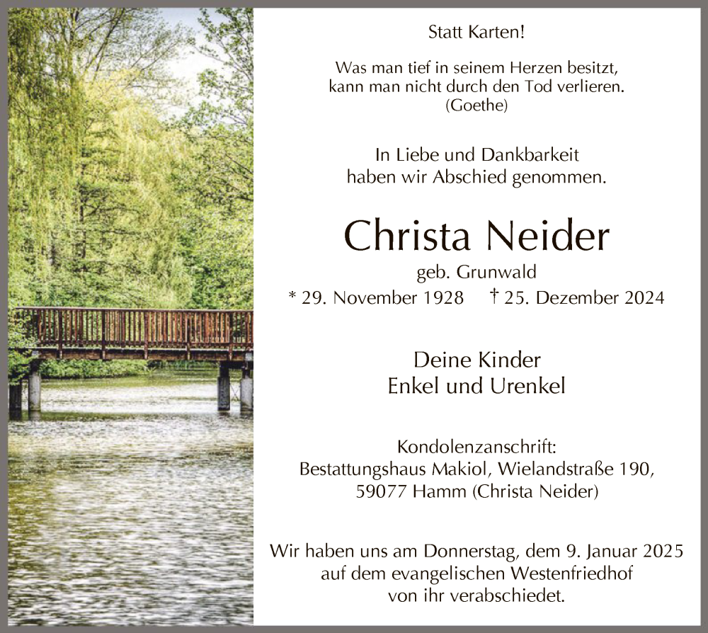  Traueranzeige für Christa Neider vom 11.01.2025 aus WA