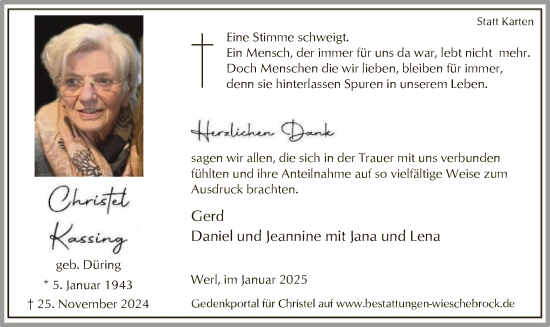 Traueranzeige von Christel Kassing von WA