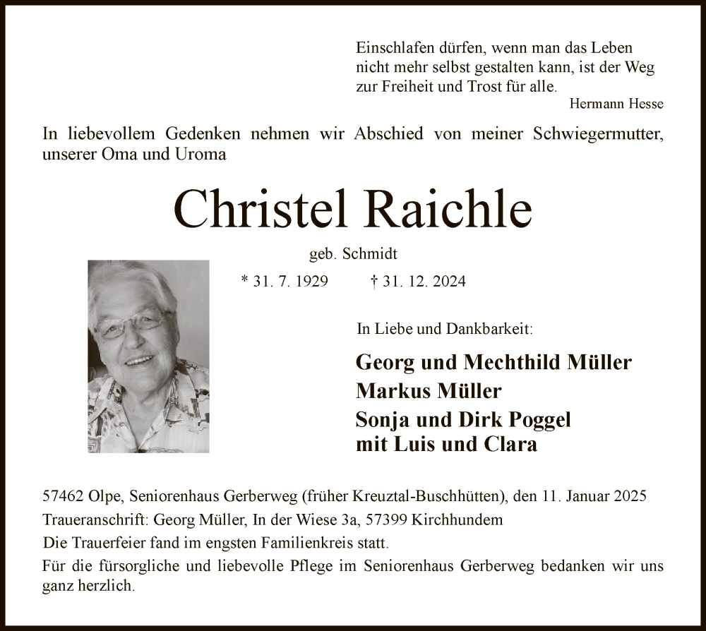  Traueranzeige für Christel Raichle vom 11.01.2025 aus WA