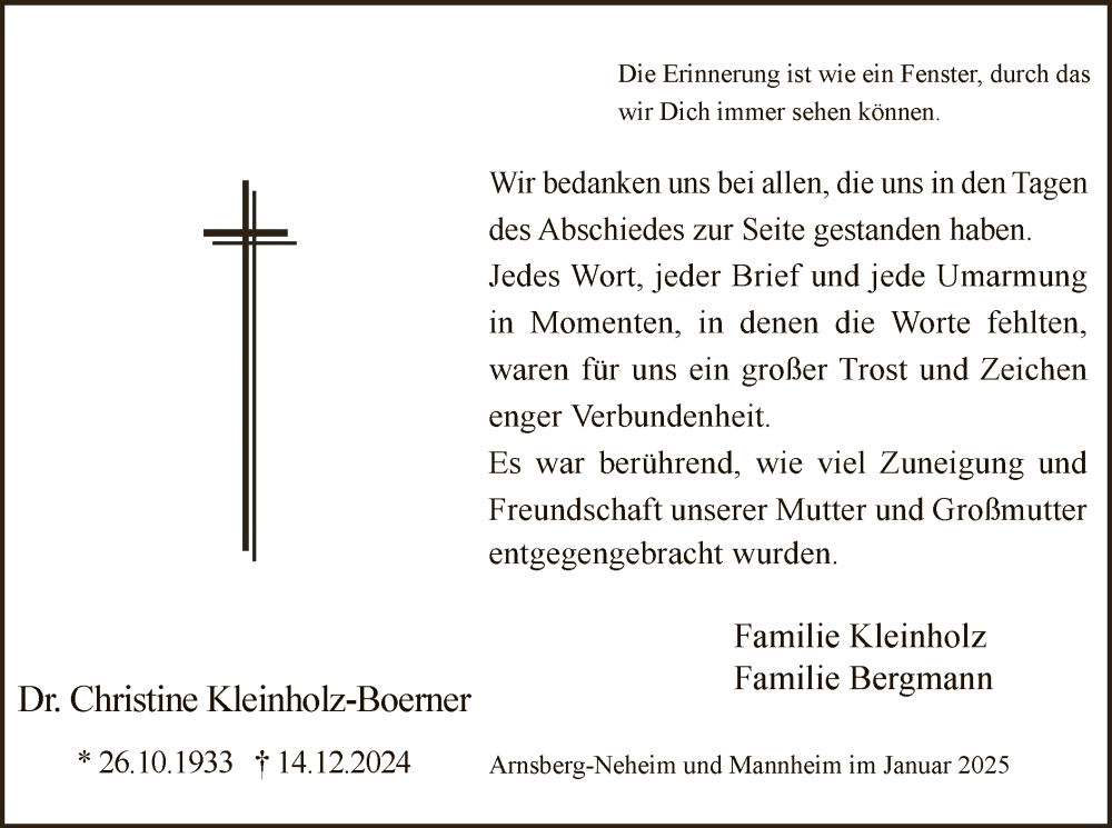  Traueranzeige für Christine Kleinholz-Boerner vom 18.01.2025 aus WA