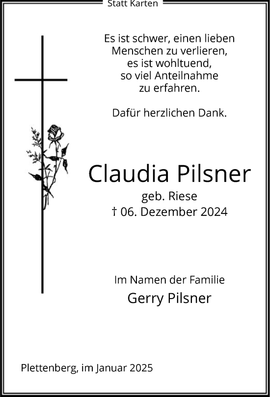 Traueranzeige von Claudia Pilsner von WA