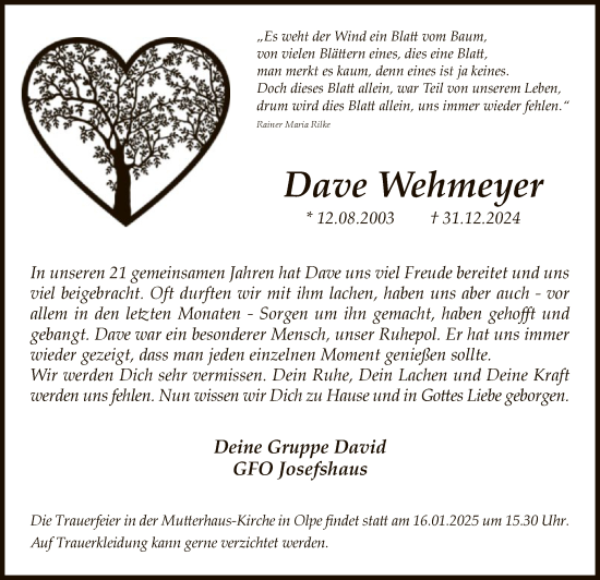 Traueranzeige von Dave Wehmeyer von WA