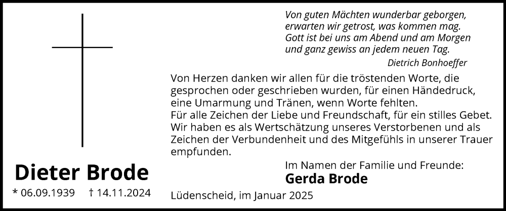  Traueranzeige für Dieter Brode vom 11.01.2025 aus WA