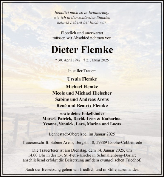 Traueranzeige von Dieter Flemke von WA