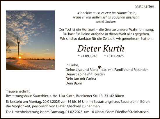 Traueranzeige von Dieter Kurth von WA