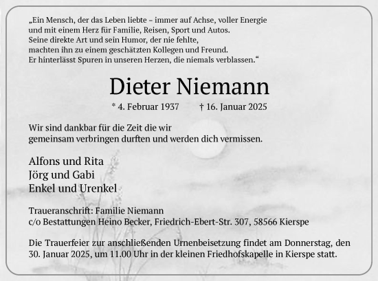 Traueranzeige von Dieter Niemann von WA