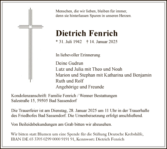 Traueranzeige von Dietrich Fenrich von WA