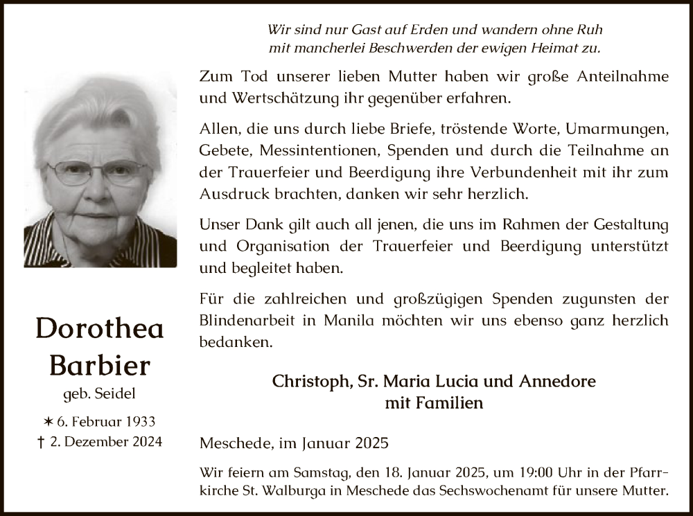  Traueranzeige für Dorothea Barbier vom 11.01.2025 aus WA