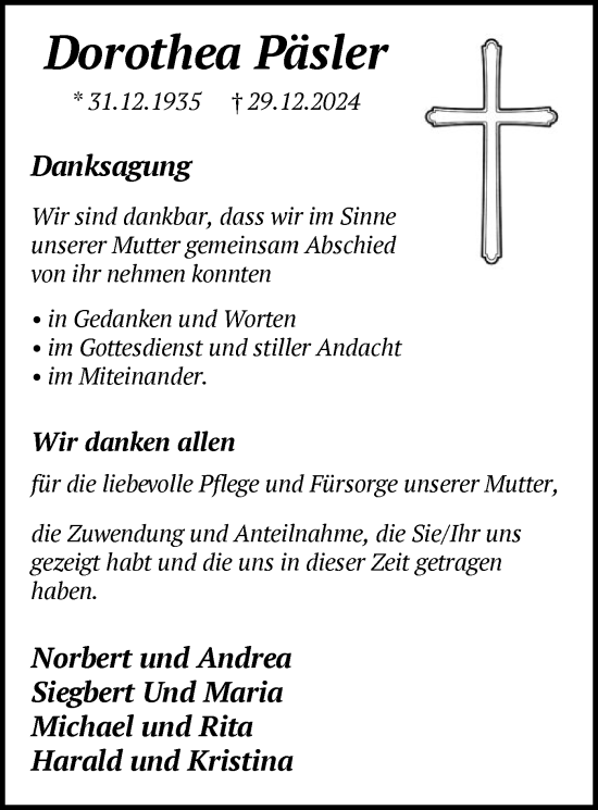 Traueranzeige von Dorothea Päsler von WA