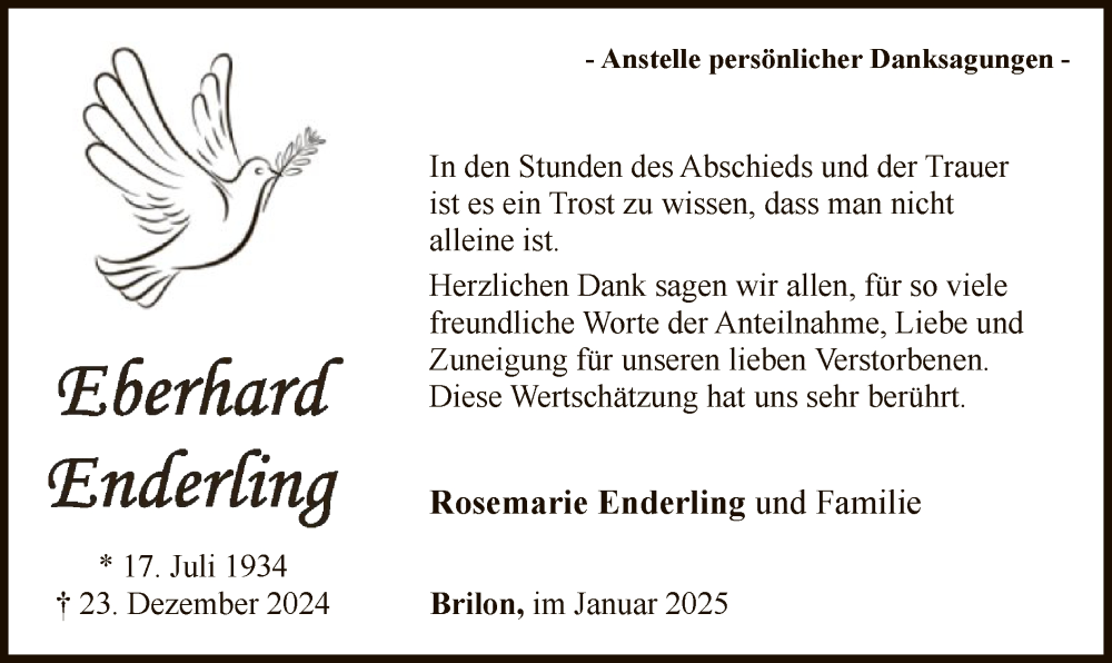  Traueranzeige für Eberhard Enderling vom 25.01.2025 aus WA